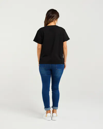 Model wearing Black Elena T-shirt By Zafina Available at Beetees Nelson